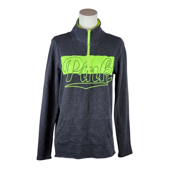 PINK Victoria's Secret Tops - PINK Neon Green Logo Quarter Zip Pullover XS Gray Fleece Sweatshirt Top